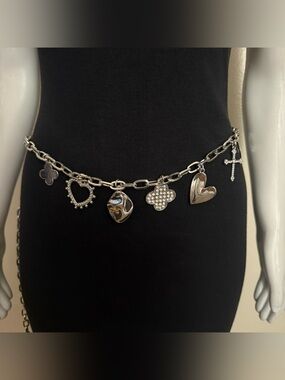 Silver tone metallic charms skinny chain belt
